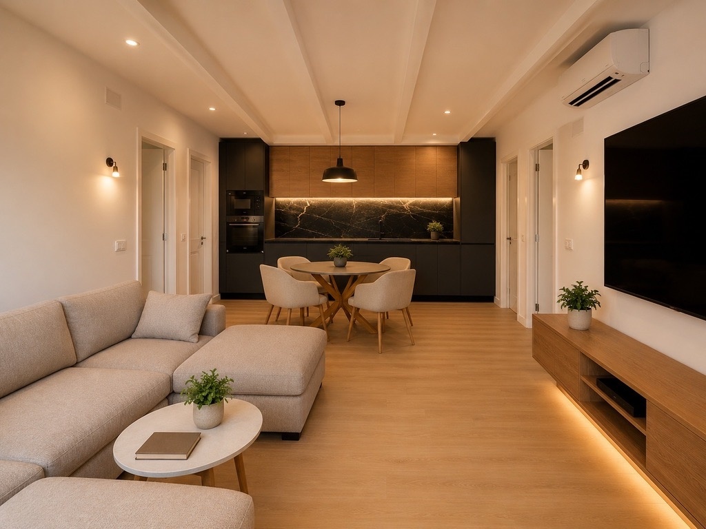 Salón, comedor y cocina en espacio abierto