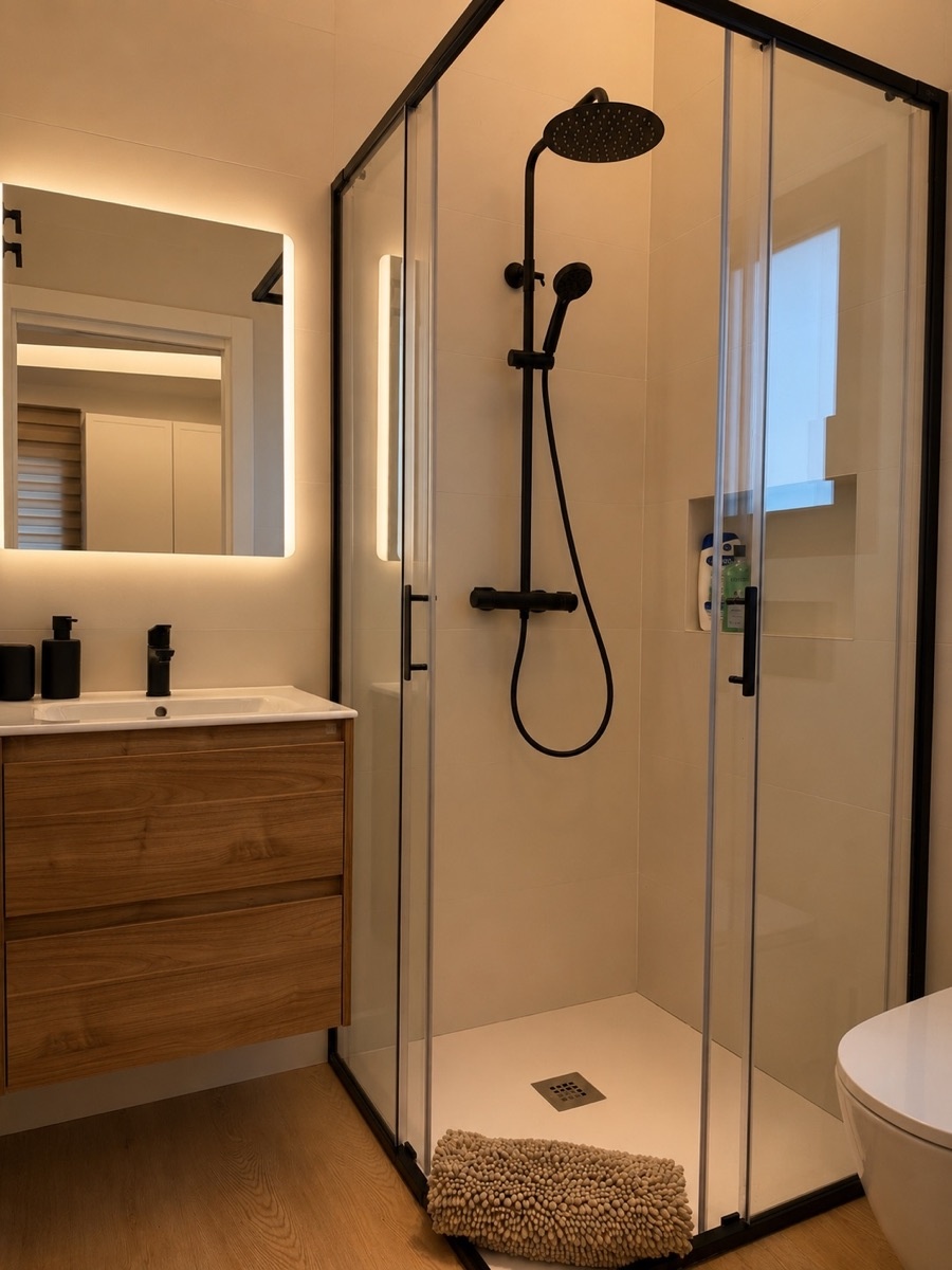 Baño privado en suite, con ducha y mueble de baño